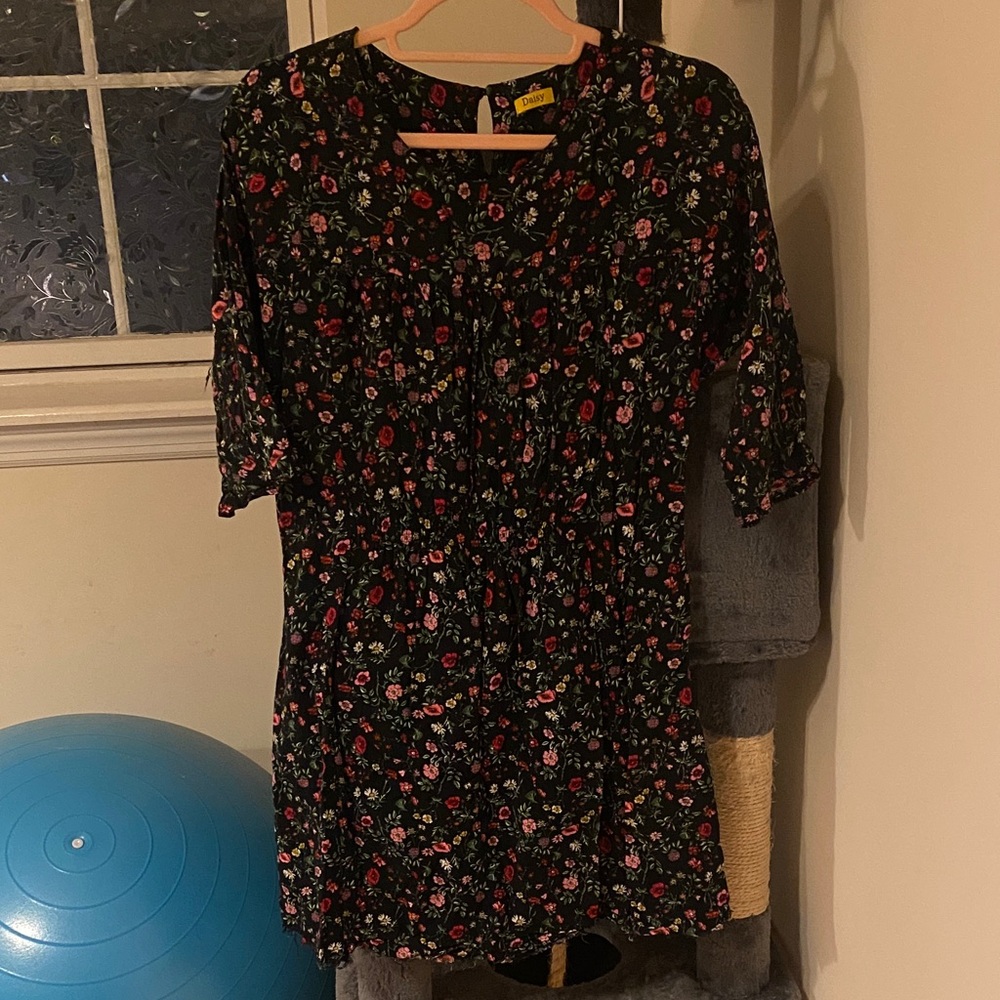 Daisy Black Dress with Red and Pink Floral Design